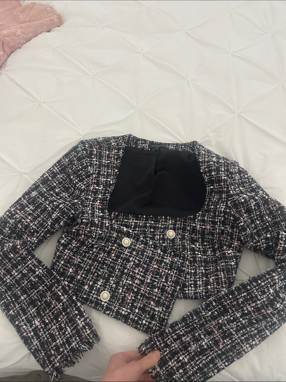 MAJORELLE Black Tweed Cropped Blazer with Pink Accents
